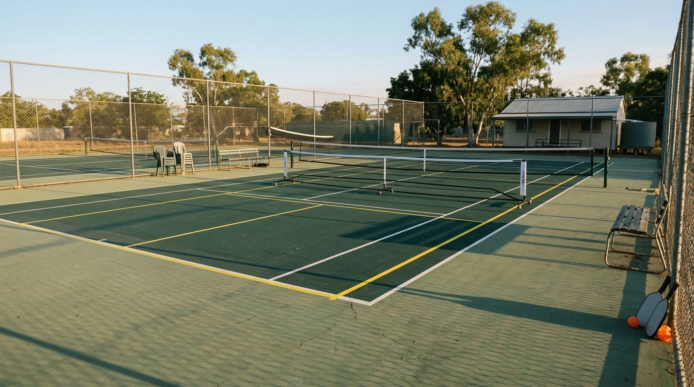 Yellow pickleball lines painted over an outdoor tennis court at a regional Australian club, with a portable net set up across it